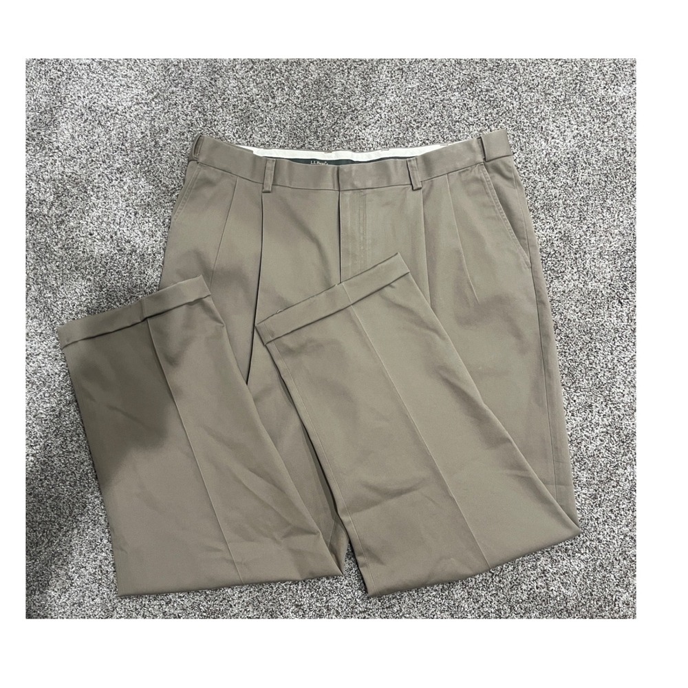 LL Bean Mens Comfort Waist Pleated Chinos Khaki Tan Cotton Pants 38x29 OJBB8